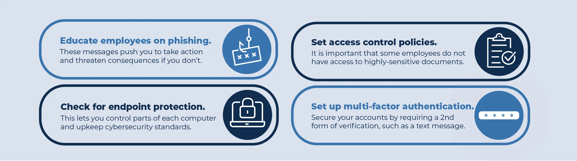 Four things that people can do today to be more secure. Phishing training, access control policies, endpoint protection, and multi-factor authentication